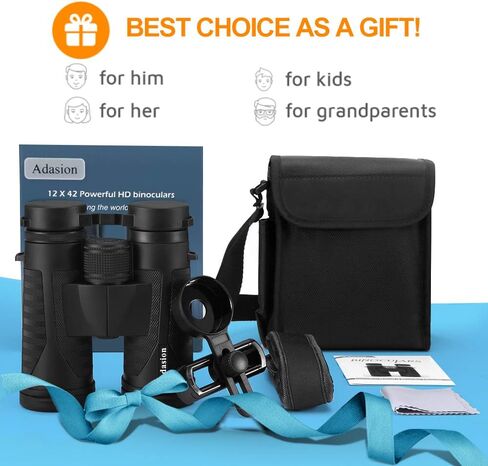Adasion Adult Binoculars, 12 x 42, with Mobile Phone Adapter, 18 mm Large Viewing Lens and Super Bright, Waterproof Binoculars for Bird Watching, Hunting, Sports, with Tripod and Smartphone Adapter in Kuwait