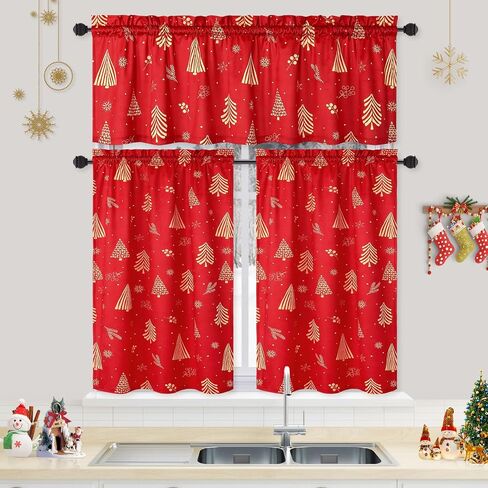 ستائر CAROMIO Christmas Kitchen Valance للنوافذ، ستائر قصيرة مخملية، ستائر مقهى لتزيين عيد الميلاد، ستارة تعتيم الغرفة معزولة حراريًا (أحمر، 52 بوصة عرض × 15 بوصة طول، مجموعة من 1) in Kuwait