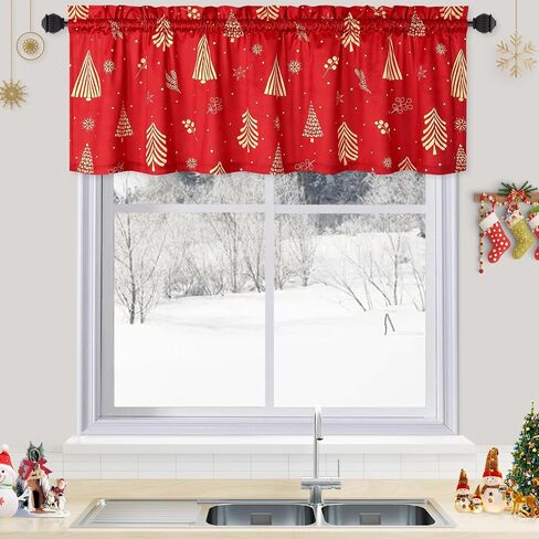 ستائر CAROMIO Christmas Kitchen Valance للنوافذ، ستائر قصيرة مخملية، ستائر مقهى لتزيين عيد الميلاد، ستارة تعتيم الغرفة معزولة حراريًا (أحمر، 52 بوصة عرض × 15 بوصة طول، مجموعة من 1) in Kuwait