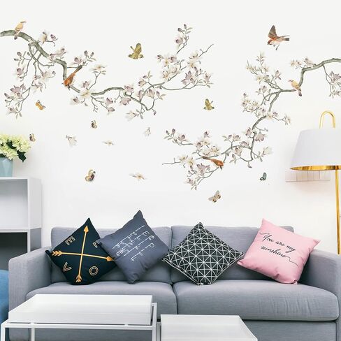 ملصقات جدارية على شكل فرع أوراق خضراء وزهور بيضاء ملصقات جدارية للفراشات والطيور قابلة للإزالة DIY ملصق جداري فني لتزيين المنزل للأطفال والبنات وغرفة النوم ومكاتب الحضانة وخلفية أريكة التلفزيون (B) in Kuwait