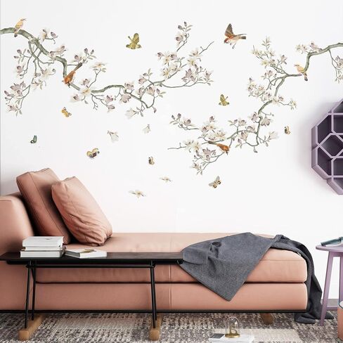 ملصقات جدارية على شكل فرع أوراق خضراء وزهور بيضاء ملصقات جدارية للفراشات والطيور قابلة للإزالة DIY ملصق جداري فني لتزيين المنزل للأطفال والبنات وغرفة النوم ومكاتب الحضانة وخلفية أريكة التلفزيون (B) in Kuwait