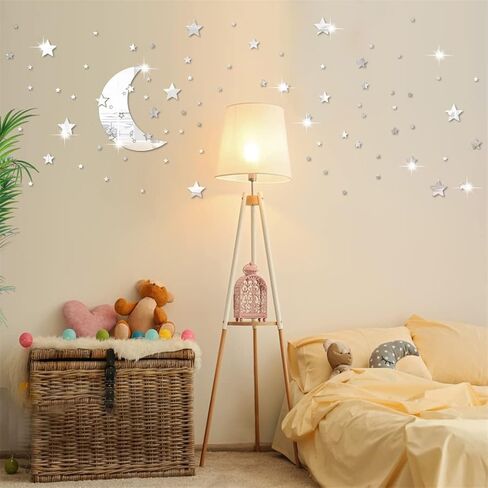 ملصقات حائط على شكل مرآة القمر والنجوم، هلال قمر أكريليك قابل للإزالة و146 قطعة من ملصقات مرآة الحائط على شكل نجوم، ديكور جدار فني ثلاثي الأبعاد على شكل نجمة القمر لسقف غرفة نوم الطفل وغرفة المعيشة (فضي) in Kuwait