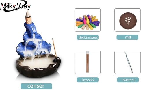 ميلكي واي مبخرة بتصميم شلال بتدفق خلفي، حامل بخور من البورسلين مع 20 مخروط بخور و30 عود بخور، زينة للعلاج العطري للمكتب واليوجا والتامل in Kuwait