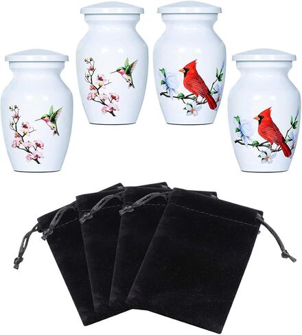 Small White Keepsake Urns for Human Ashes or Pet Ashes, Set of 4 (2 Hummingbird and 2 Cardinal), Hard Metal Cremation Urns, Mini Funeral Urns, with 4 Velvet Bags, by Icokee in Kuwait