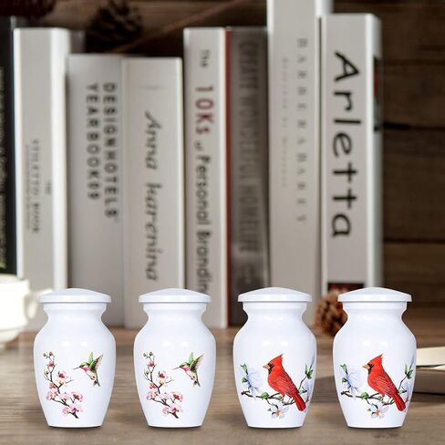 Small White Keepsake Urns for Human Ashes or Pet Ashes, Set of 4 (2 Hummingbird and 2 Cardinal), Hard Metal Cremation Urns, Mini Funeral Urns, with 4 Velvet Bags, by Icokee in Kuwait