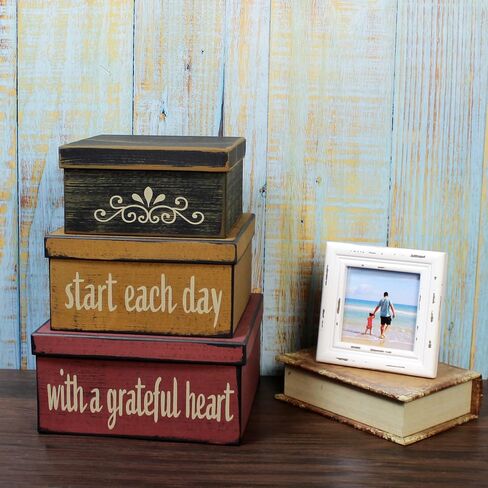 CVHOMEDECO. Farmhouse Square “Start Each Day with A Grateful Heart" Cardboard Nesting Boxes for Photos Memories Keepsakes, Large 9 X 9 X 4-1/2 Inch. Set of 3. in Saudi Arabia