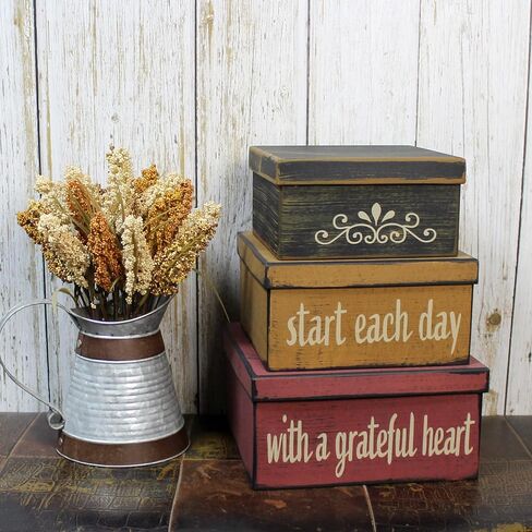 CVHOMEDECO. Farmhouse Square “Start Each Day with A Grateful Heart" Cardboard Nesting Boxes for Photos Memories Keepsakes, Large 9 X 9 X 4-1/2 Inch. Set of 3. in Saudi Arabia