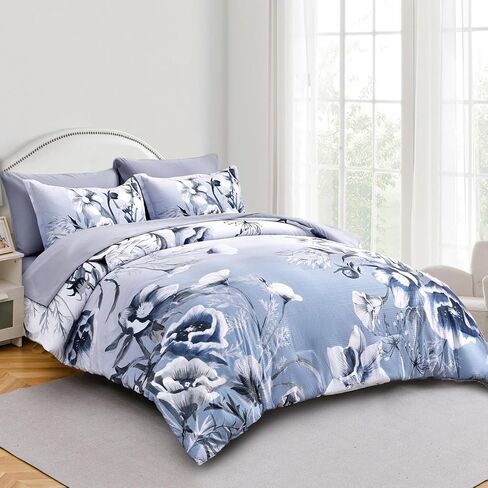 Luxudecor Floral Comforter Set Twin Size 5 Piece, Purple Flower Bed in a Bag, Elegant Floral Comforter with Sheet Set, Soft Microfiber Bedding Set for All Season (Purple, 68"x86") in Saudi Arabia