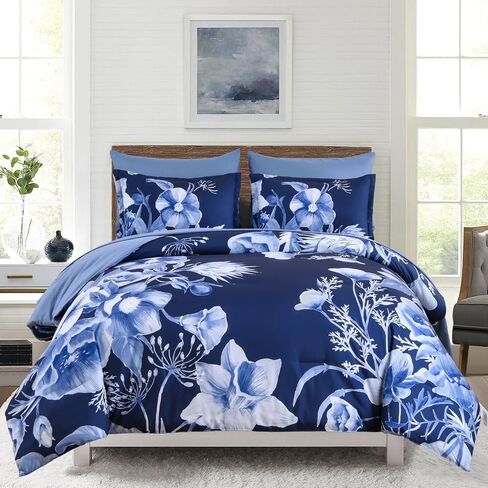 Luxudecor Floral Comforter Set Twin Size 5 Piece, Purple Flower Bed in a Bag, Elegant Floral Comforter with Sheet Set, Soft Microfiber Bedding Set for All Season (Purple, 68"x86") in Saudi Arabia