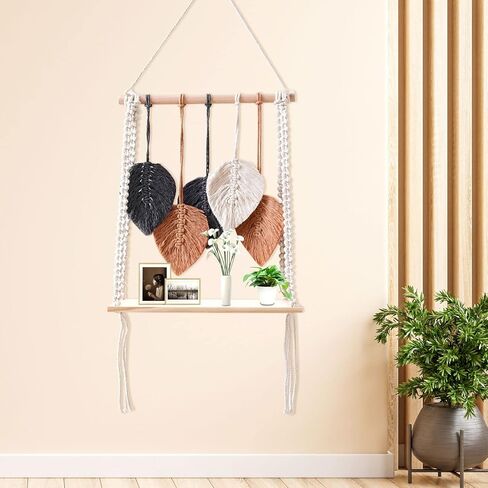 رف معلق على الحائط من ييشويل، رف ديكور نباتات بوهو مع حبل منسوج مصنوع يدويا لديكور المنزل، رفوف تخزين عائمة للعرض الداخلي، رف خشبي معلق للنباتات والصور in Kuwait