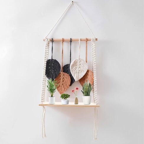 رف معلق على الحائط من ييشويل، رف ديكور نباتات بوهو مع حبل منسوج مصنوع يدويا لديكور المنزل، رفوف تخزين عائمة للعرض الداخلي، رف خشبي معلق للنباتات والصور in Kuwait