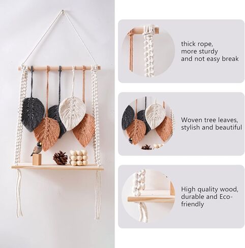 رف معلق على الحائط من ييشويل، رف ديكور نباتات بوهو مع حبل منسوج مصنوع يدويا لديكور المنزل، رفوف تخزين عائمة للعرض الداخلي، رف خشبي معلق للنباتات والصور in Kuwait