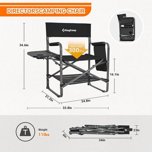KingCamp Padded Outdoor Folding Director Chair with Side Table, Integrated Cupholder, and Pockets for Camping, Sporting Events, and Picnics, Black in Saudi Arabia