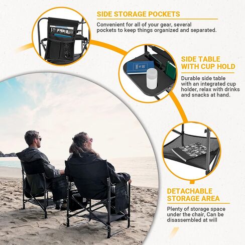KingCamp Padded Outdoor Folding Director Chair with Side Table, Integrated Cupholder, and Pockets for Camping, Sporting Events, and Picnics, Black in Saudi Arabia