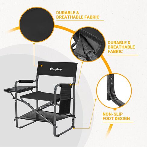 KingCamp Padded Outdoor Folding Director Chair with Side Table, Integrated Cupholder, and Pockets for Camping, Sporting Events, and Picnics, Black in Saudi Arabia