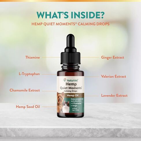 NaturVet - قطرات مهدئة للحظات هادئة من القنب - 118 مل - معززة بزيت بذور القنب والتريبتوفان والزنجبيل - تساعد على تقليل التوتر وتعزيز الاسترخاء - للكلاب والقطط in Kuwait
