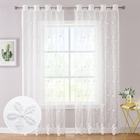 WUBODTI White Lace Sheer Curtains 63 Inch Length, Floral Embroidered Tulle Window Sheers for Bedroom Living Room Decor, Luxury Aesthetic Transparentes Short Curtain Panels for Nursery,Girls Room in Saudi Arabia