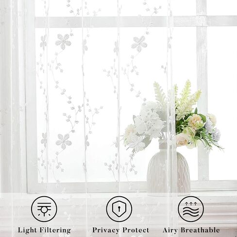 WUBODTI White Lace Sheer Curtains 63 Inch Length, Floral Embroidered Tulle Window Sheers for Bedroom Living Room Decor, Luxury Aesthetic Transparentes Short Curtain Panels for Nursery,Girls Room in Saudi Arabia