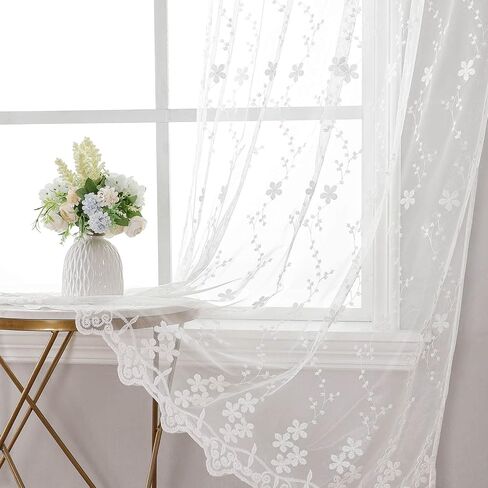 WUBODTI White Lace Sheer Curtains 63 Inch Length, Floral Embroidered Tulle Window Sheers for Bedroom Living Room Decor, Luxury Aesthetic Transparentes Short Curtain Panels for Nursery,Girls Room in Saudi Arabia