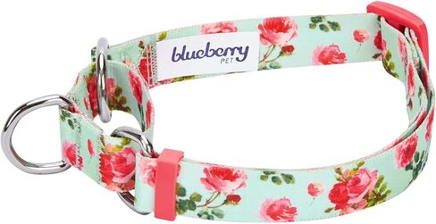 Blueberry Pet Spring Scent Inspired Rose Print Martingale Safety Training Dog Collar, Turquoise, Medium, Heavy Duty Adjustable Collars for Dogs in Saudi Arabia