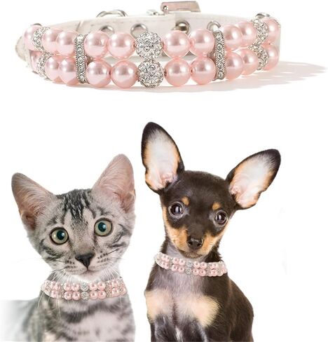 Pink Pearl XS Dog Collars, Pearl Cat Collar, PU Leather Female Dogs Necklace with Crystal Diamond Rhinestone Jewlled for Kitten Small Medium Dogs Wedding & Birthday Gift,XS in Kuwait
