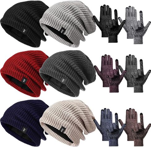 Zhanmai 12 Pcs Winter Warm Hat and Gloves Set Slouchy Knit Beanie Hat Touch Screen Thermal Gloves Warm Skull Cap for Men Women Ski Hike Outdoor Indoor, Black, Dark Grey, Light Grey, Coffee, Blue and in Saudi Arabia