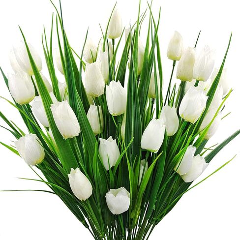 8 Bundles Outdoor Artificial Tulips Fake Flowers UV Resistant Faux Plastic Greenery Shrubs Plants for Home Outside Garden Porch Window Farmhouse Decor (Blue) in Saudi Arabia