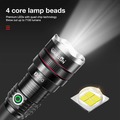 مصباح يدوي من WARSUN عالي اللومن قابل لإعادة الشحن من 2 عبوة من مصباح يدوي تكتيكي 7100 لومن فائق السطوع ضوء عالي الطاقة قابل للتكبير التخييم للطوارئ in Kuwait