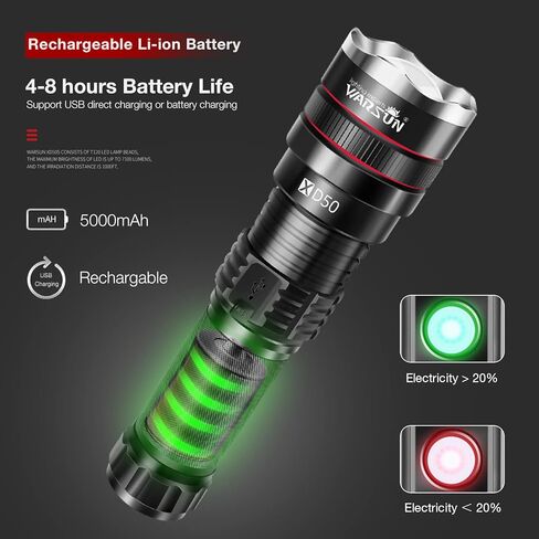 مصباح يدوي من WARSUN عالي اللومن قابل لإعادة الشحن من 2 عبوة من مصباح يدوي تكتيكي 7100 لومن فائق السطوع ضوء عالي الطاقة قابل للتكبير التخييم للطوارئ in Kuwait