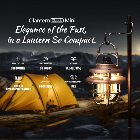 OLIGHT Olantern Classic Mini LED Camping Lantern، مصباح يدوي خفيف الوزن قابل لإعادة الشحن 300 لومن مع مصادر إضاءة مزدوجة، مصباح تخييم محمول للإعصار والطوارئ والمشي لمسافات طويلة (أسود) in Saudi Arabia