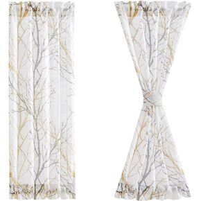 FMFUNCTEX Sidelight Sheer French Door Curtains 72 Inches Long White, Blue and Grey Print Branch Semi-Sheer Door Panels for Front Patio Door 24 Inches Wide 2 Panels Set
