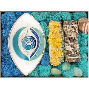 KARMA AND LUCK Evil Eye Sage Box Includes 4.5" x 6.5" Ceramic Evil Eye Plate with White Sages (Blissful State)