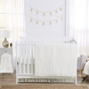 Sweet Jojo Designs Boho Dot Baby Boy Girl Nursery Crib Bedding Set - 4 Pieces - Ivory Beige Cream Off White Bohemian Shabby Chic Modern Luxury Farmhouse Geometric Pom Pom Tufted Minimalist Neutral