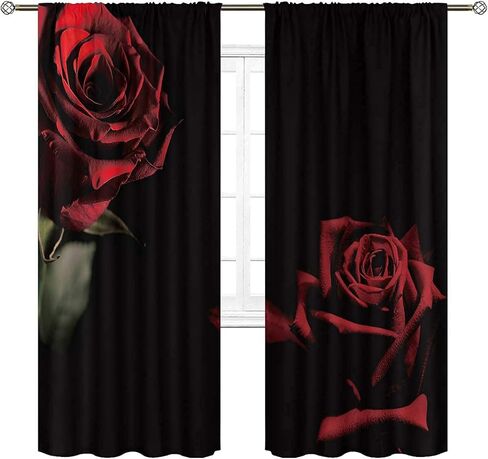 Cinbloo ستائر زهرية حمراء سوداء مقاس 42 عرض × 63 طول بوصة قضيب جيب وردة حمراء تتفتح للنساء ديكور غرفة نوم أنثى فتاة عيد الحب بورجوندي زهرة ثنى عاشق رومانسي لغرفة المعيشة نافذة ستائر قماش 2 لوح in Kuwait