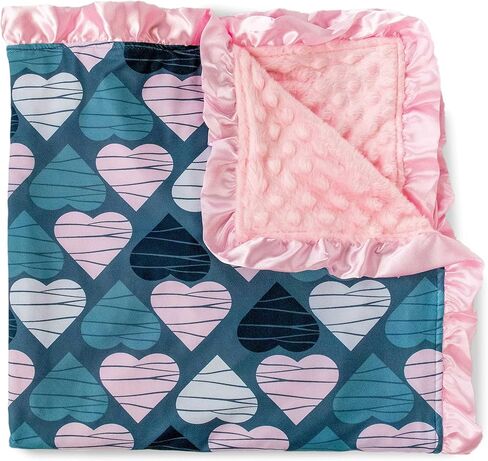 Top Tots Baby Blanket - Striped Hearts with Pink Minky Dot & Satin Ruffle, 31 x 31 Inch Blue in Kuwait