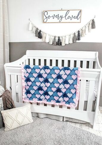 Top Tots Baby Blanket - Striped Hearts with Pink Minky Dot & Satin Ruffle, 31 x 31 Inch Blue in Kuwait