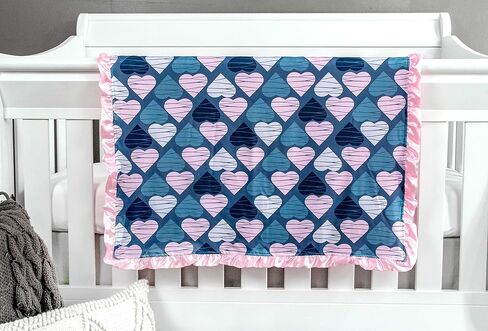 Top Tots Baby Blanket - Striped Hearts with Pink Minky Dot & Satin Ruffle, 31 x 31 Inch Blue in Kuwait