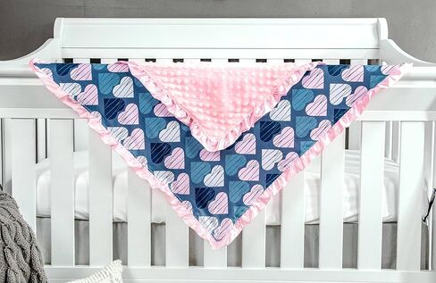 Top Tots Baby Blanket - Striped Hearts with Pink Minky Dot & Satin Ruffle, 31 x 31 Inch Blue in Kuwait