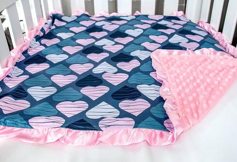 Top Tots Baby Blanket - Striped Hearts with Pink Minky Dot & Satin Ruffle, 31 x 31 Inch Blue in Kuwait