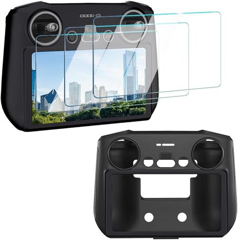 Screen Protector (3+1Pack) Compatible with DJI Mini 3/Mini 3 Pro,Mavic 3 RC Remote Controller, Tempered Glass Film Full Coverage and Soft Protective Silicone Case Cover Sleeve in Kuwait