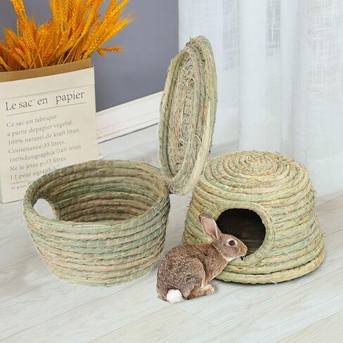 قلعة GYMT للحيوانات الأليفة بسقف من القش، كوخ عشبي منسوج يدويًا لخنازير غينيا والأرانب والحيوانات الصغيرة الأخرى - بارد في الصيف ودافئ في الشتاء (صغير) in Kuwait