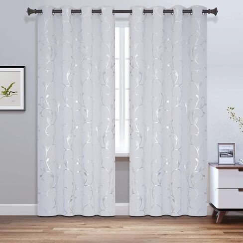 BUHUA Blackout Curtains Pairs 84 Inches Long Room Darkening Curtains with Shinny Wave Vine Design for Sliding Glass Door 52W×84L Greyish White 1 Pair in Saudi Arabia