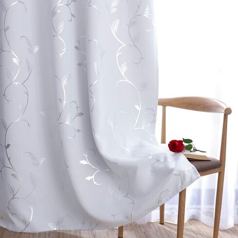 BUHUA Blackout Curtains Pairs 84 Inches Long Room Darkening Curtains with Shinny Wave Vine Design for Sliding Glass Door 52W×84L Greyish White 1 Pair in Saudi Arabia