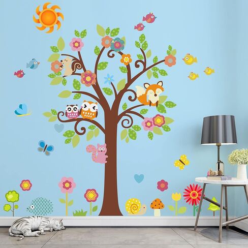 Creative Cartoon Family Owls On The Brown Tree Wall Decals Removable Wall Stickers DIY Wall Art Decor 3D Murals Animals Wallpaper for Nursery School Kids Baby Bedroom Bathroom Decoration in Saudi Arabia