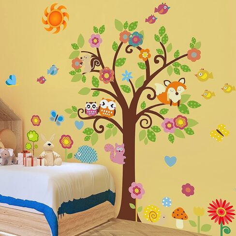 Creative Cartoon Family Owls On The Brown Tree Wall Decals Removable Wall Stickers DIY Wall Art Decor 3D Murals Animals Wallpaper for Nursery School Kids Baby Bedroom Bathroom Decoration in Saudi Arabia