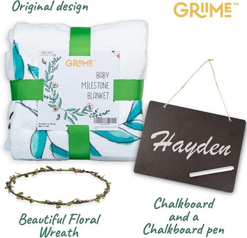 Griime Monthly Baby Milestone Blanket - Soft Milestone Blanket for Baby Boy & Girl - 300 GSM Thickness, Baby Month Blanket Kit with Chalkboard, Frames, Floral - Baby Monthly Milestone Blanket Gift. in Saudi Arabia