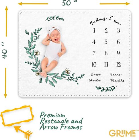 Griime Monthly Baby Milestone Blanket - Soft Milestone Blanket for Baby Boy & Girl - 300 GSM Thickness, Baby Month Blanket Kit with Chalkboard, Frames, Floral - Baby Monthly Milestone Blanket Gift. in Saudi Arabia