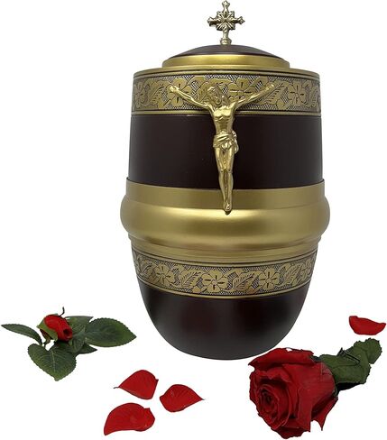 AngelAngie جنازة الجرار الكاثوليكية للرماد البشري مع صليب الجمال وشخصية يسوع المسيح، حجم كبير للبالغين يصل إلى 200 رطل، ذكر أو أنثى، ذهبي بورجوندي in Kuwait