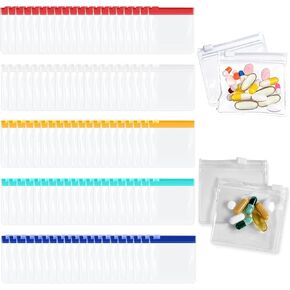 100 قطعة 3 × 3 انش حقيبة حبوب بلاستيكية بسحاب لتنظيم حبوب الدواء للسفر، منظم ادوية قابل لاعادة الاستخدام مع قفل منزلق للاغراض الصغيرة in Kuwait