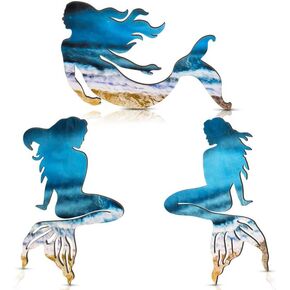 جيويو جوليري 3 قطع ديكور فني جداري بتصميم حورية البحر، ديكور حائط خشبي بتصميم حورية البحر، منحوتات معلقة بنمط ريفي لديكور الحمام الداخلي والخارجي وحمام السباحة والمكتب in Kuwait